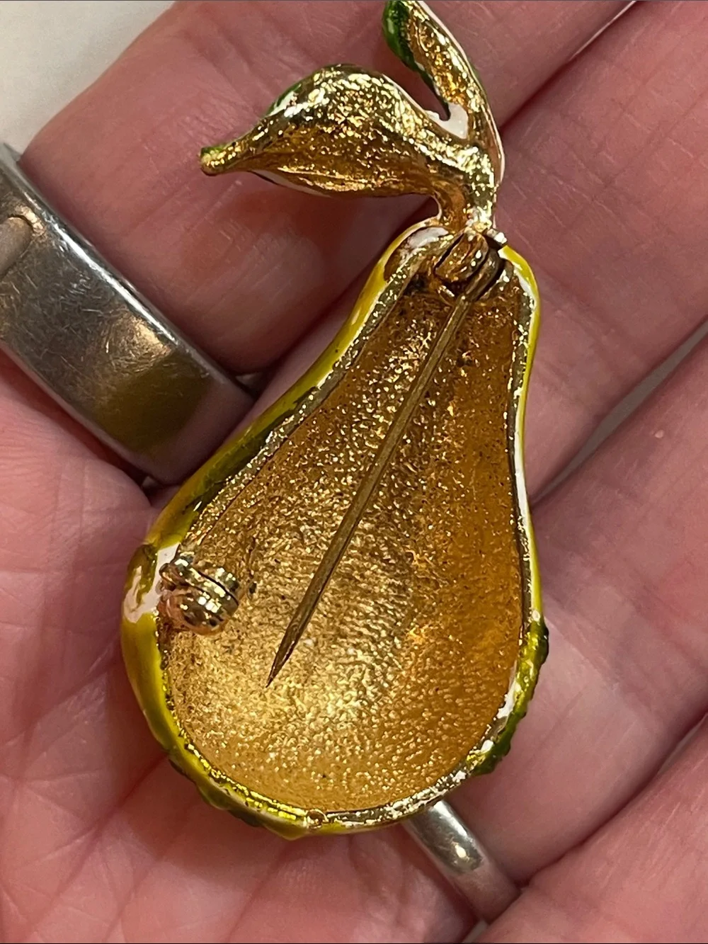 1960's VINTAGE Glossy Yellow Enamel Pear Accent with Green Leaf Brooch